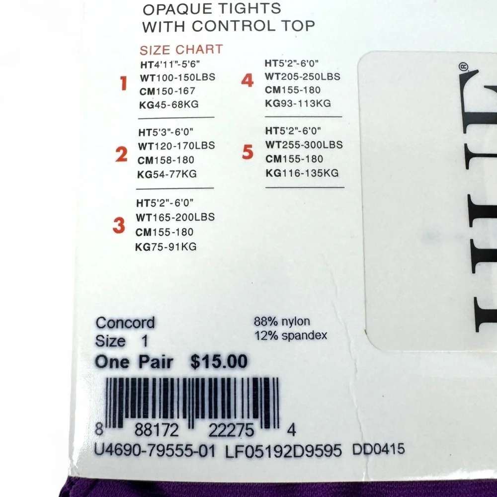 Hue Concord Purple Opaque Tights with‎ Control Top Womens Size 1